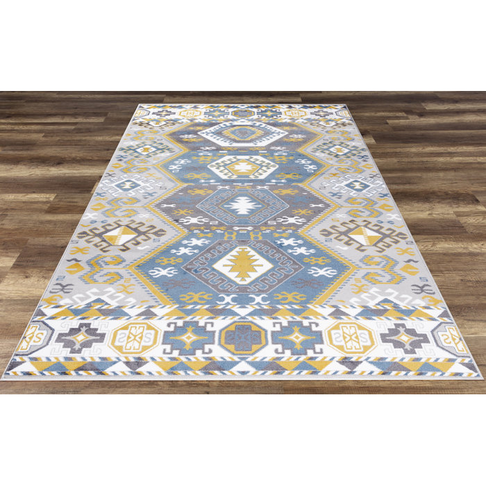 Millwood Pines Majeic Performance Blue/Yellow Rug | Wayfair