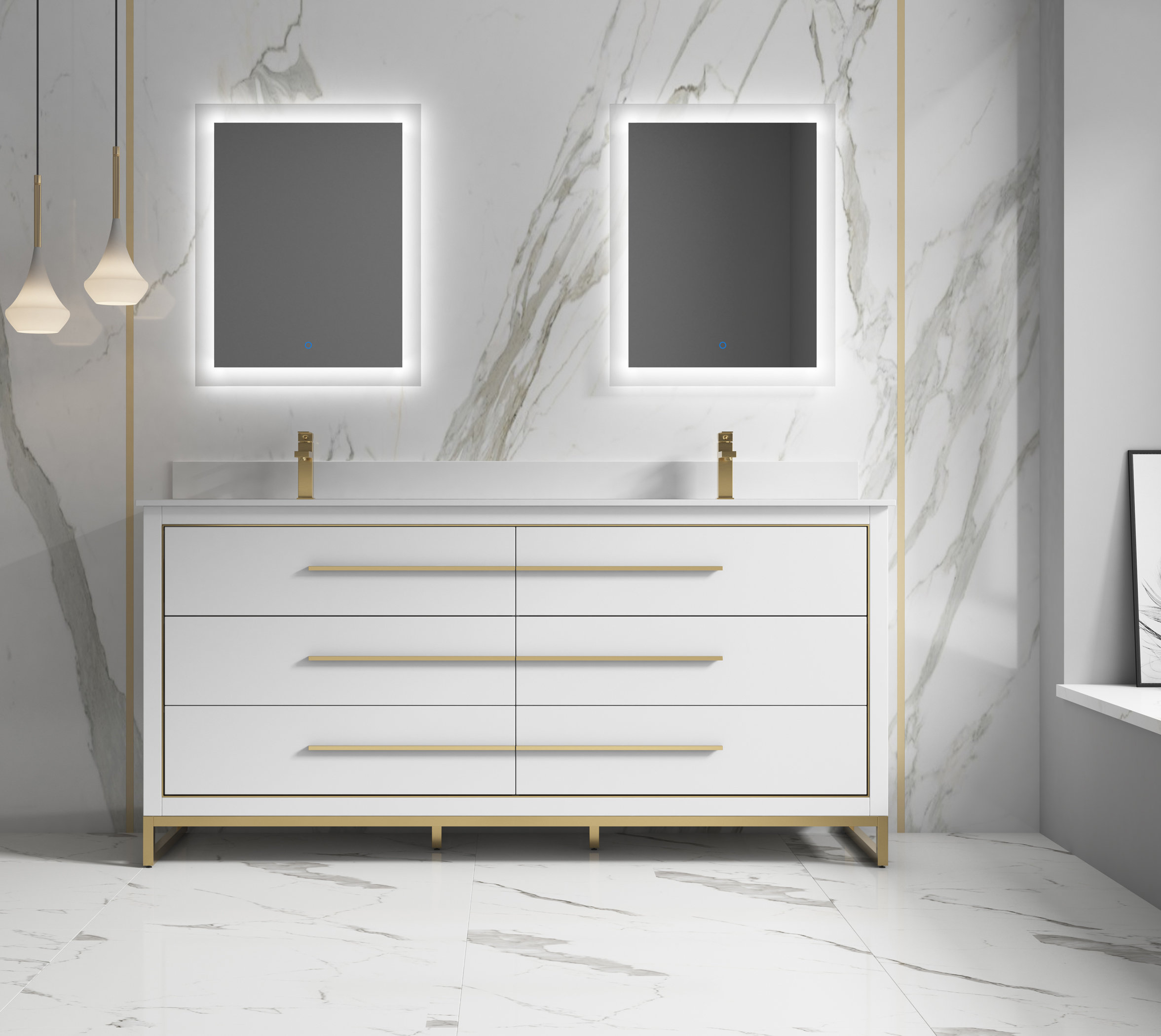 Everly Quinn Genai 72 Inch Double Sink Vanity With Brush Gold Hardware ...