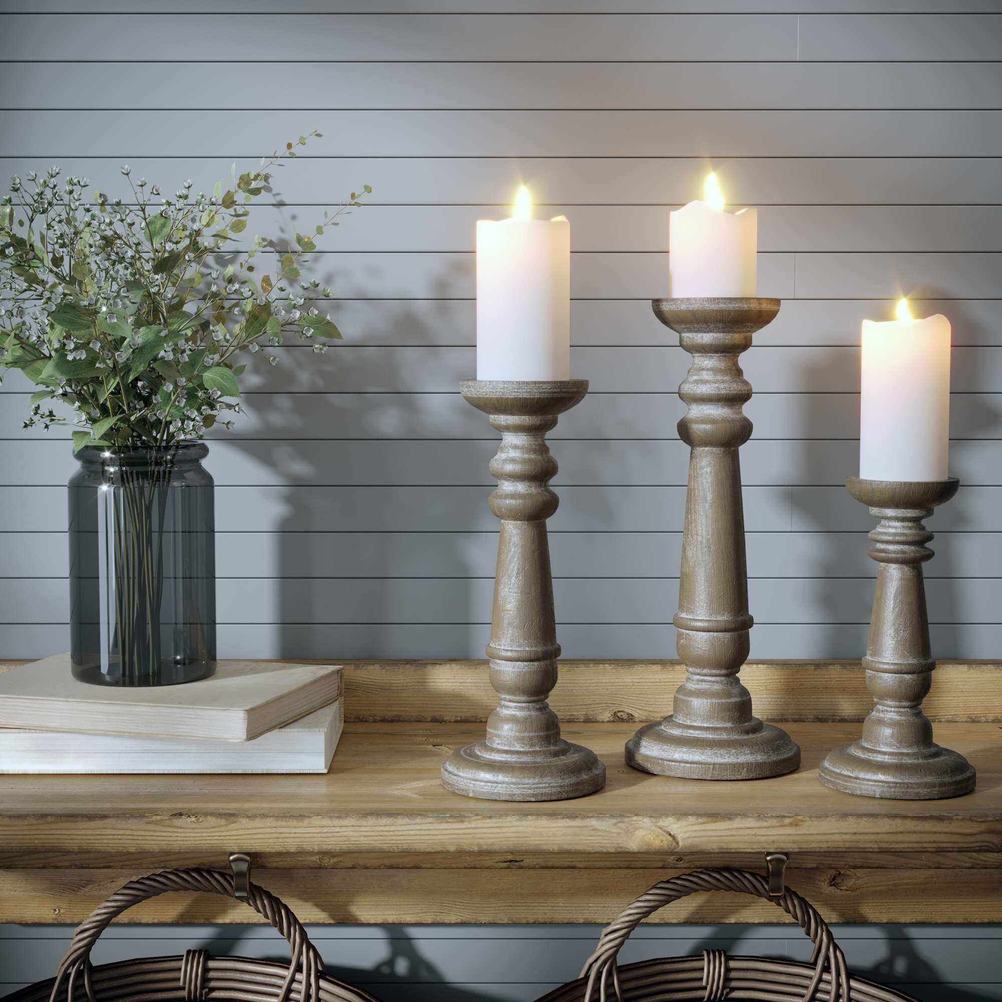 Set of 2 Large Rustic Pillar Candle Holder Candlesticks ~ Distressed White Wood 