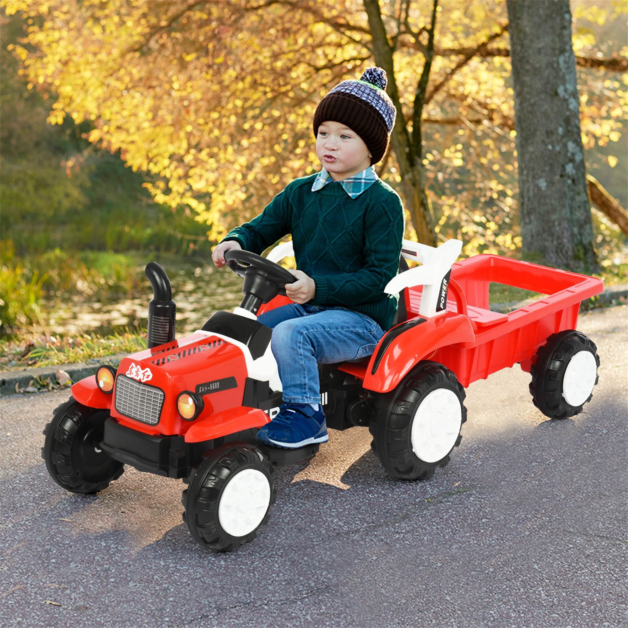 Electric 4 Wheeler For Kids, 12V Battery Powered Electrictoy Car, Ride On Tractor With Detachable Trailer, Adjustable Seat Belt(Age 3 To 8)