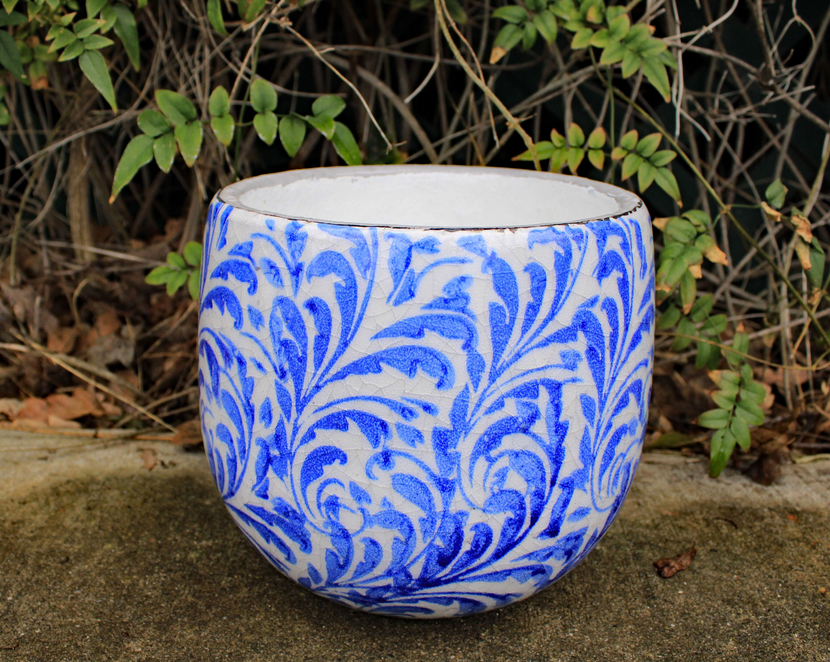 Planter Container White Ceramic with Blue Print Wavy Rim 4"Dia 3"High Set of 4 