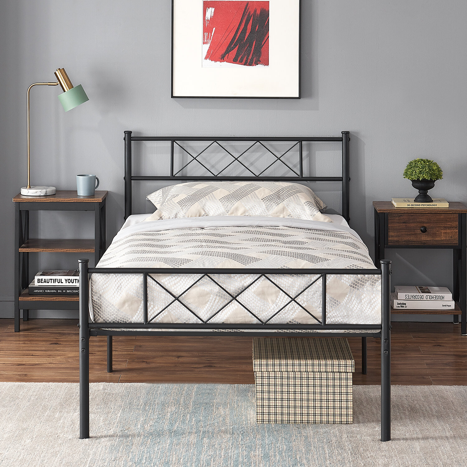 Metal Bed Frame KING Farmhouse Iron Vintage Mid Century Rustic Country Style Blk 