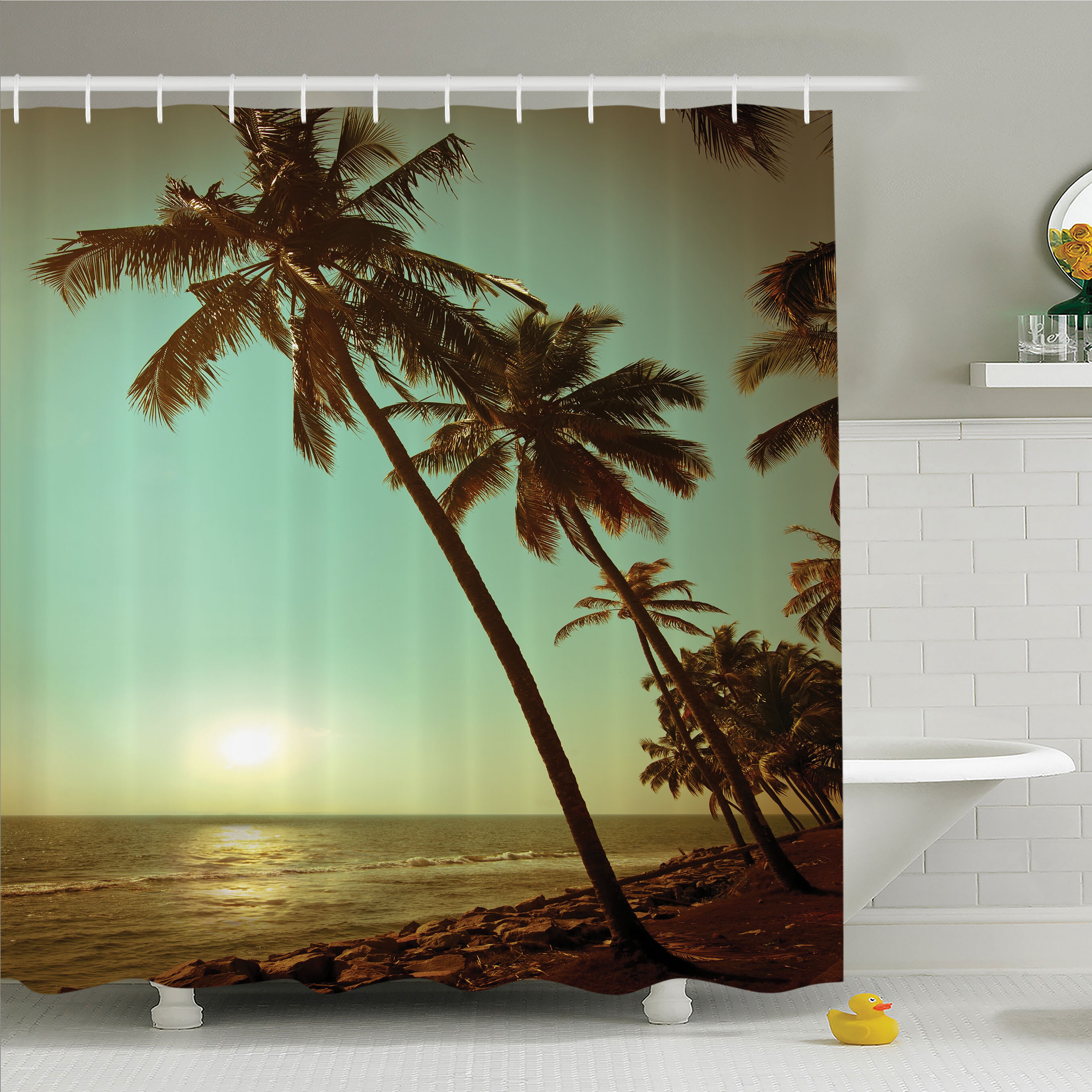 Tropical Beach Green Palm Trees Shower Curtain Set Bathroom Waterproof Fabric 