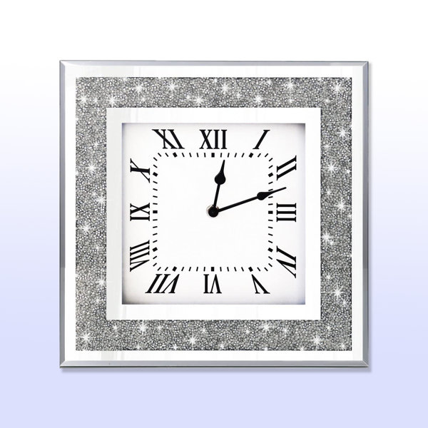 Modern Sparkly Diamond Crush Crystal Mirror Glass Square Wall Clock 14 cm Silver 