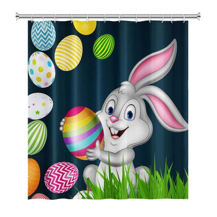 Happy Easter Colorful Eggs Cartoon Rabbit Shower Curtain Set Bathroom Decor 72" 
