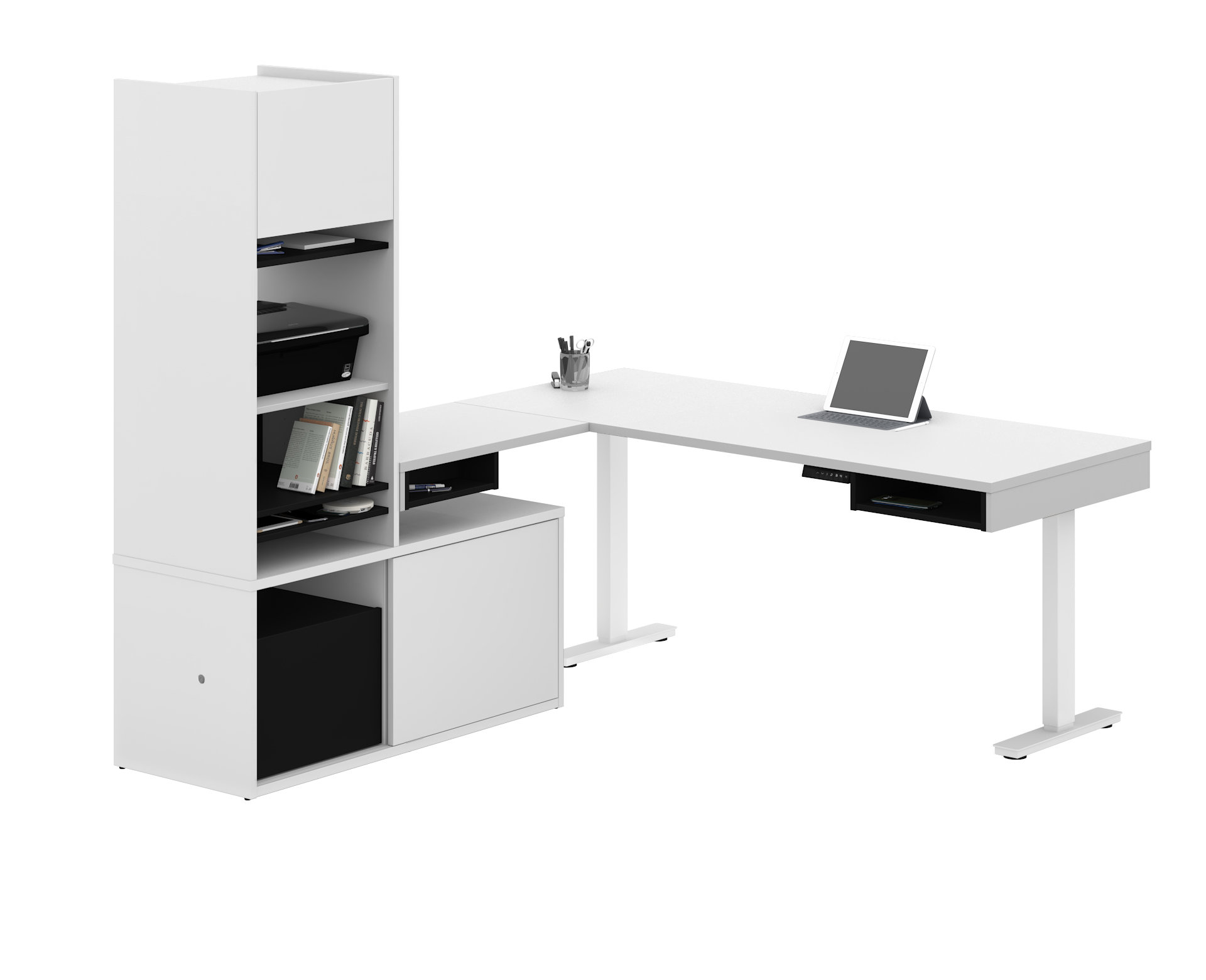 Orren Ellis Hanska Height Adjustable LShape Standing Desk with Hutch