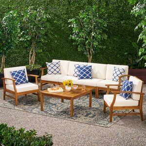 Highland Dunes Hulda Solid Wood 6 - Person Seating Group with Cushions ...