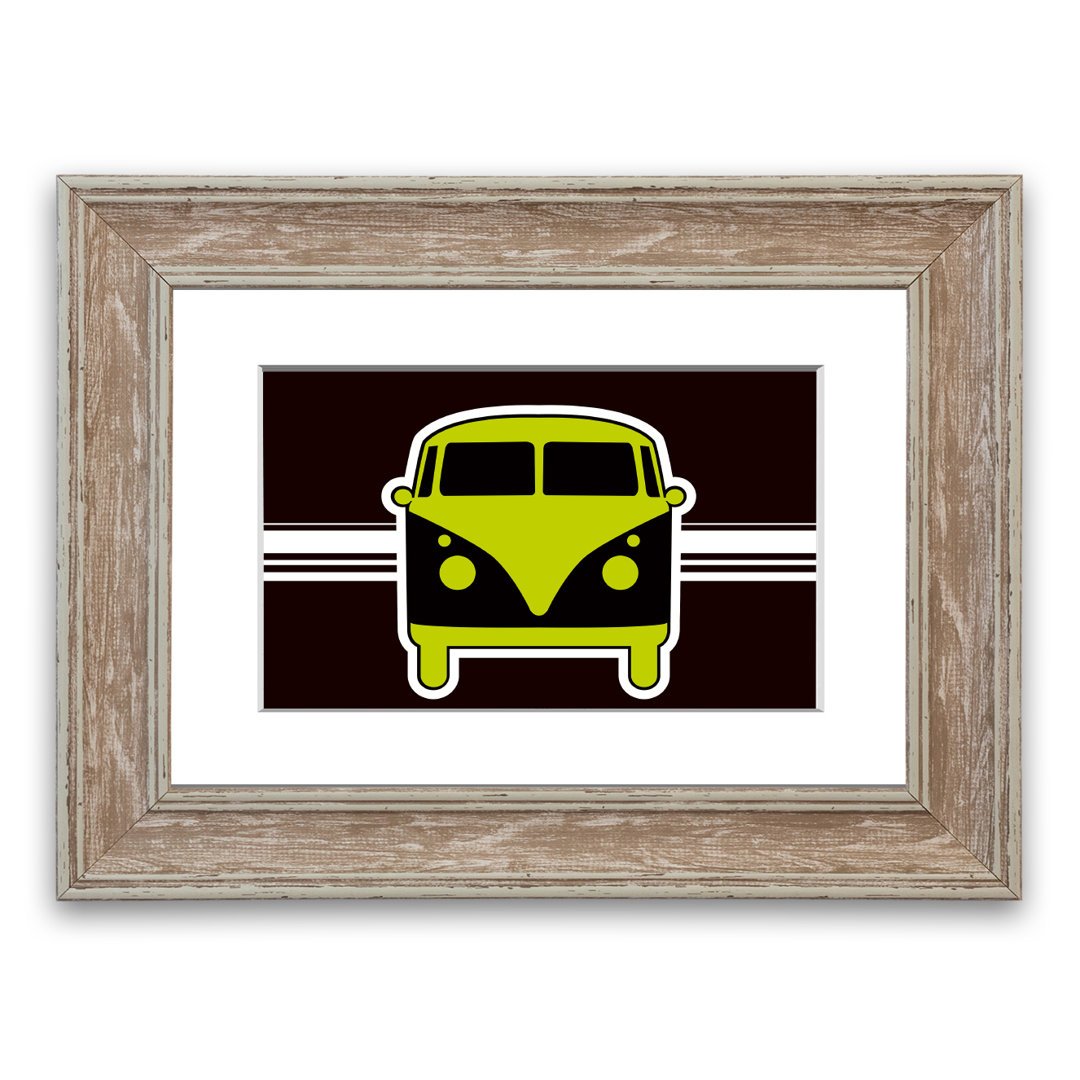 East Urban Home Gerahmter Fotodruck Retro Vw Camper Van Lime Green Größe: 40 cm H x 50 cm B, Rahmenart: Walnussfarben
