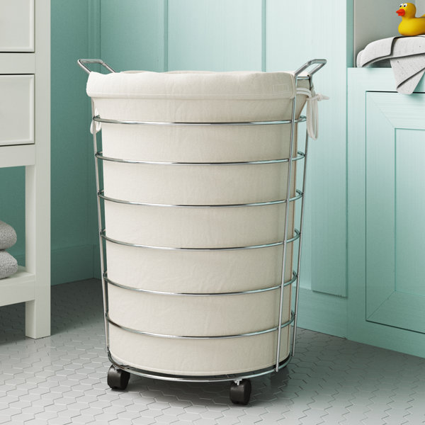 Folding Metal Laundry Cart Wheels Removable Canvas Basket Storage Shelf Hamper 