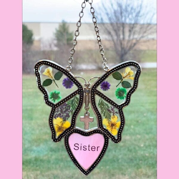 Sister Butterfly Sun Catchers with Real Pressed Flower in Glass High Quality 