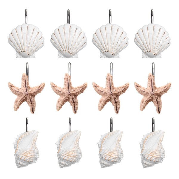 Polyresin SHOWER Curtain HOOKS 12 Pack Sea Shells And Fish 