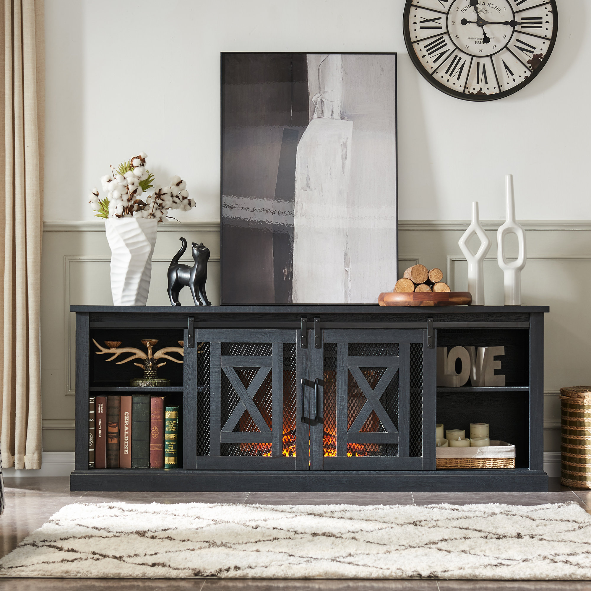 Gracie Oaks Fireplace Tv Stand For 80 Inch Tv, Farmhouse Highboy