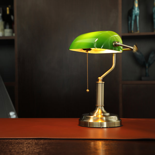 bedside Lamp Retro vintage look light Green Glass & Brass Banker style Desk 