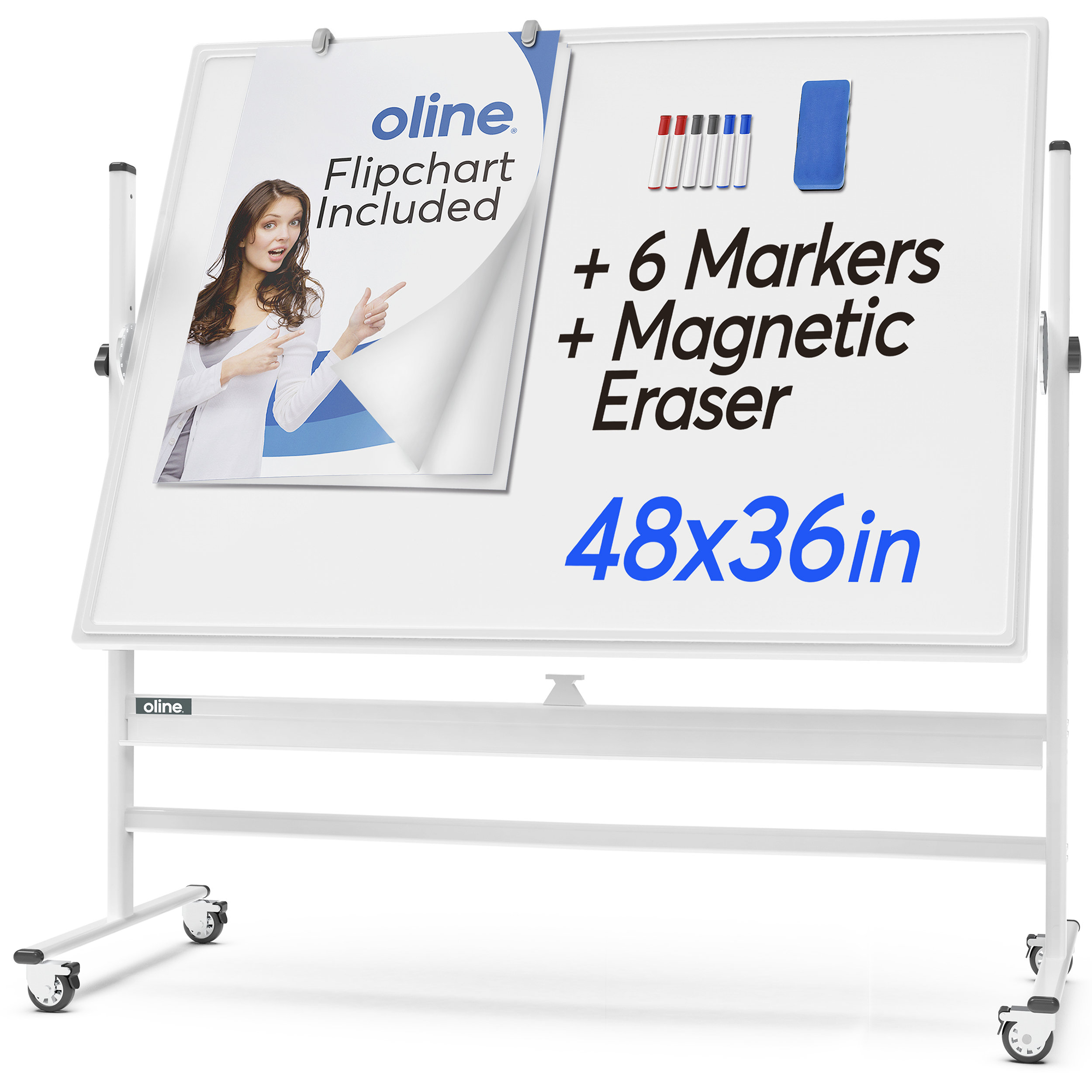 Dry Erase Whiteboard Easel on Wheels Reversible Magnetic Rolling White Board for Home Office Classroom 48'' x 32'' Large Double Sided Mobile Whiteboard Flip Chart Holders and Paper Pad 