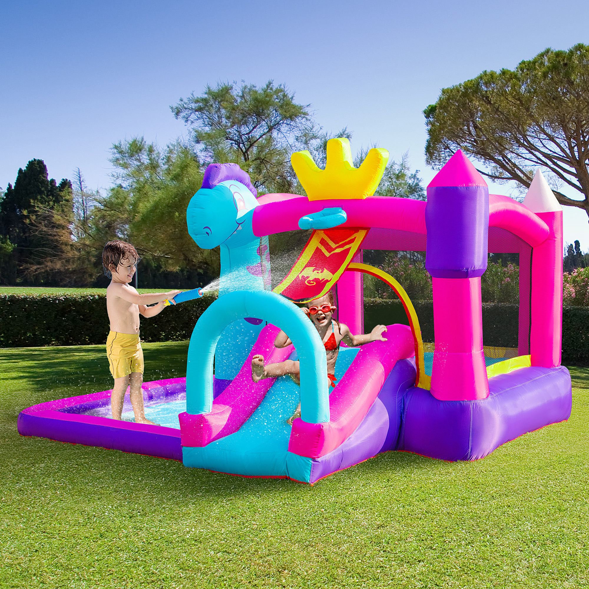 Outsunny Kids Bouncy House W/ Inflatable Water Pool Slide, 4 In 1 Large