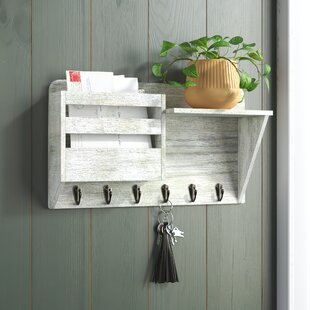 Floating Shelf Organizer for Entryway Kitchen-16x10 Decorative Key Hanger for Wall Living Room Bedroom Rustic Wooden Storage Mail Holder with 5 Key Hooks