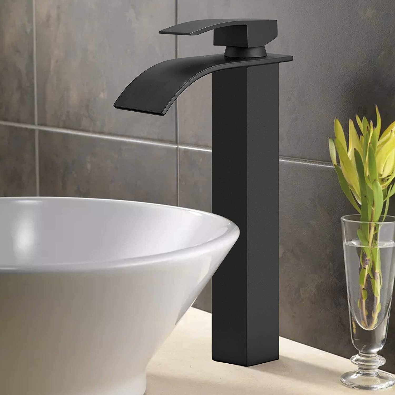 Bathroom Sink Faucet Waterfall Spout Black Tall Mixer Deck Mount Single Hole Tap 