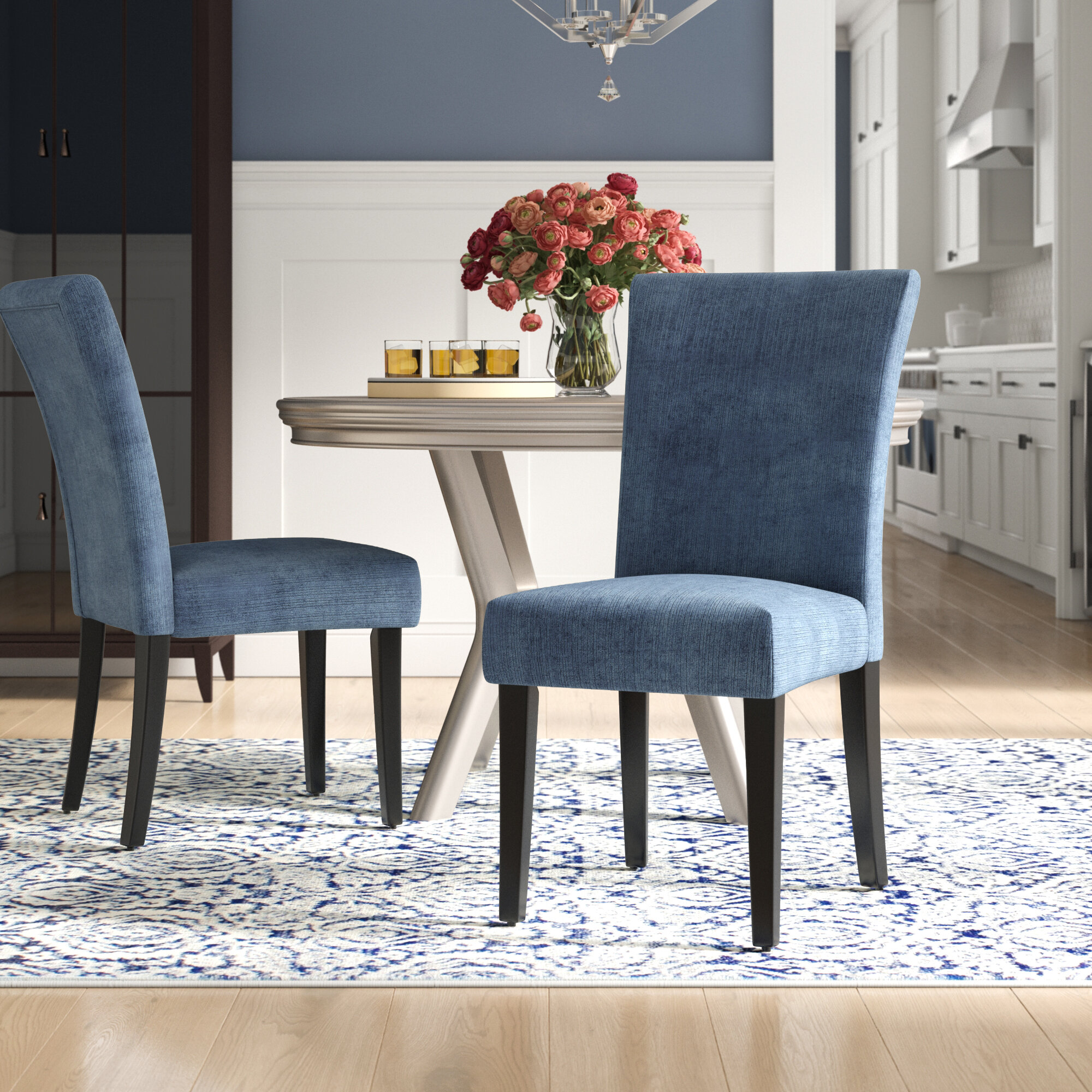 Nafort Fabric Dining Chairs with Copper Nails Blue Kitchen Living Room Chiars with Solid Wood Legs Set of 2 