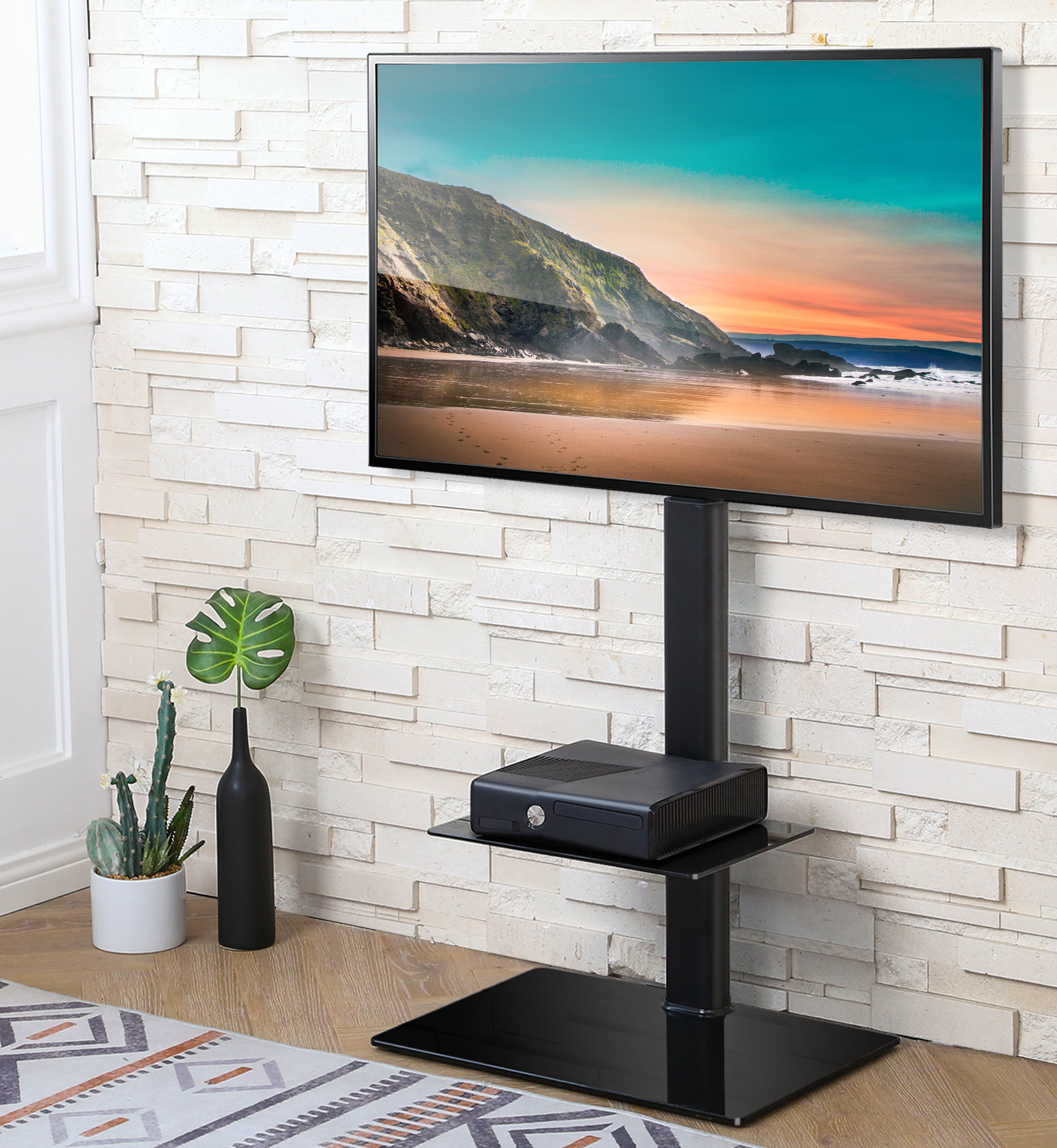 RFIVER Universal TV Entertainment Center,Media Towers TV Furniture Floor Corner 3-in-1 TV Stands with Swivel Height Adjustable TV Mount Bracket for 32 to 65 inch Black 