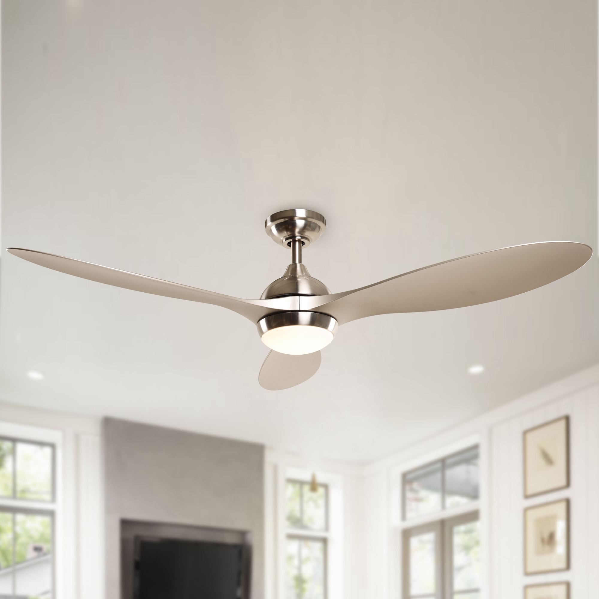 56 in Stylish Modern Brushed Nickel Indoor Ceiling Fan Light Kit Remote Home 