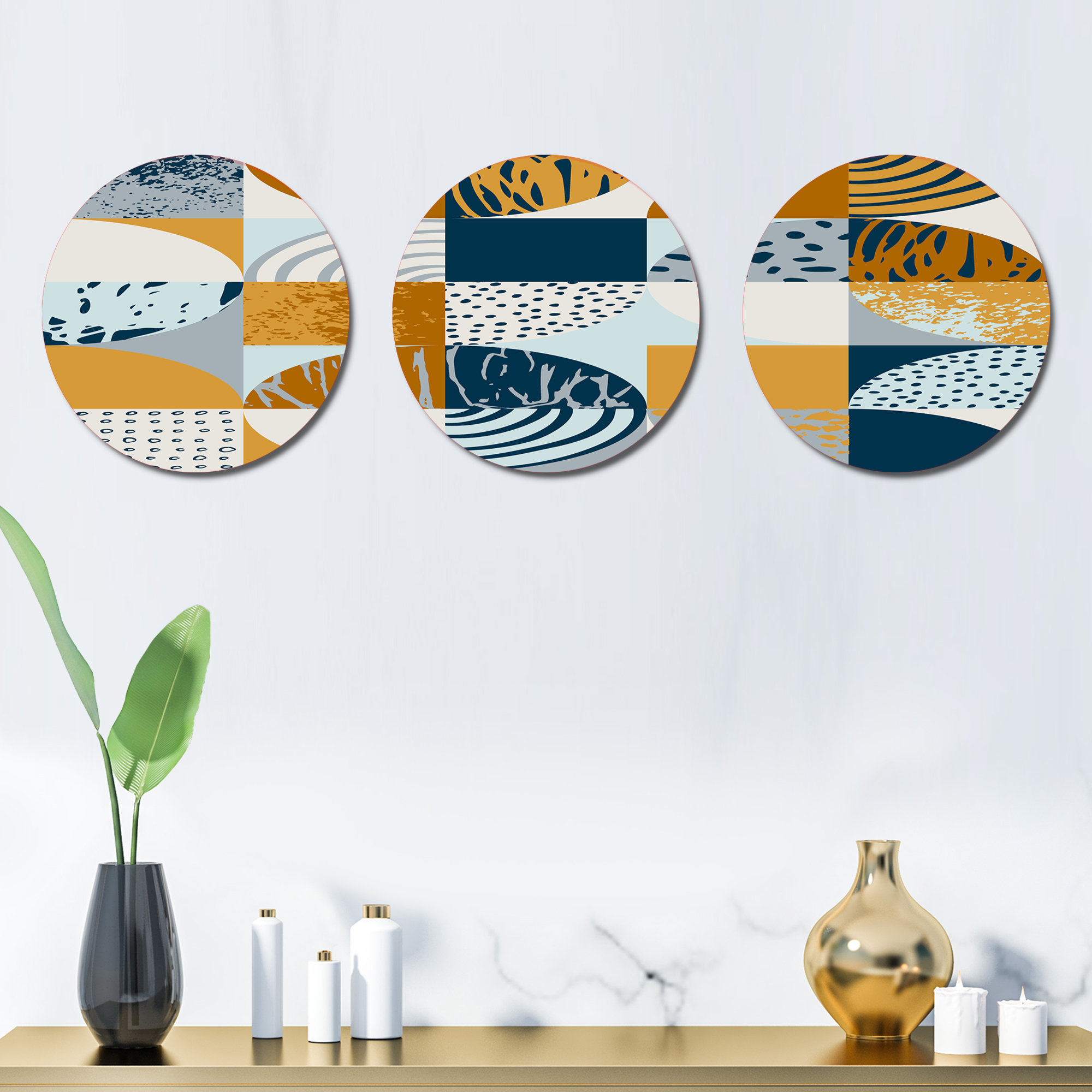 DesignArt Retro Semicircles Circles And Squares 3 Piece Graphic Art
