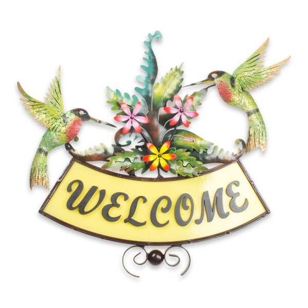 Hummingbird Welcome Sign Wall Metal Art with Rustic Copper Finish Hanging 