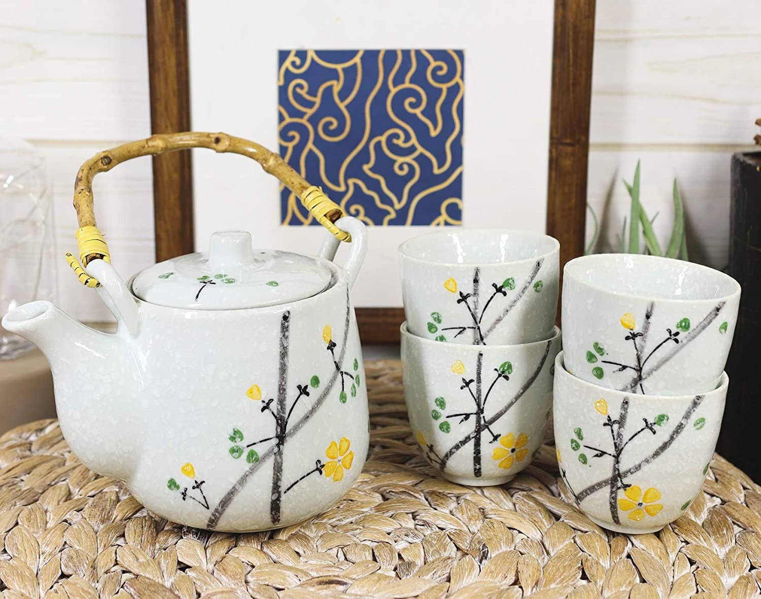 Japanese Design White Bamboo Black Tea Pot and Cups Set Japan Home Decor 
