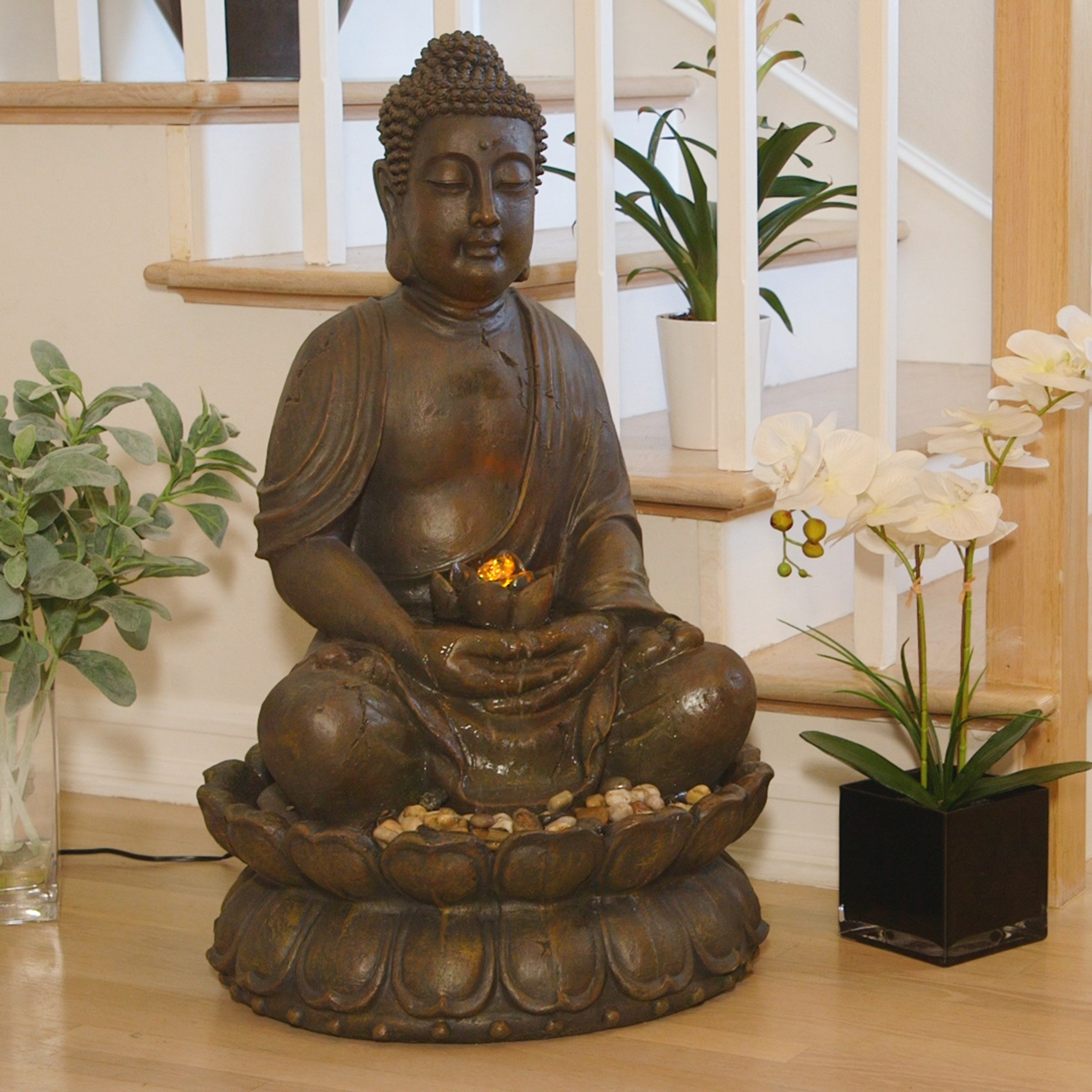Bungalow Rose Divid Fiberglass Outdoor Meditating Buddha Fountain with Light & Reviews Wayfair