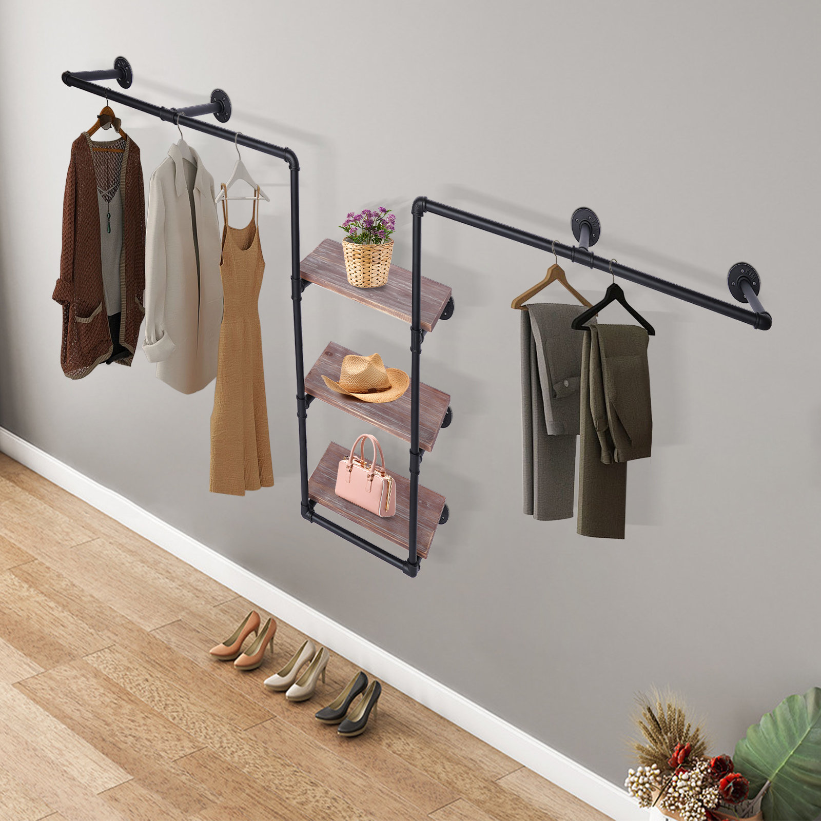 Spectacle Relaterede Stadion 17 Stories Industrial Pipe Clothing Hanging Bar With 3 Tiers Wood Storage  Rack | Wayfair