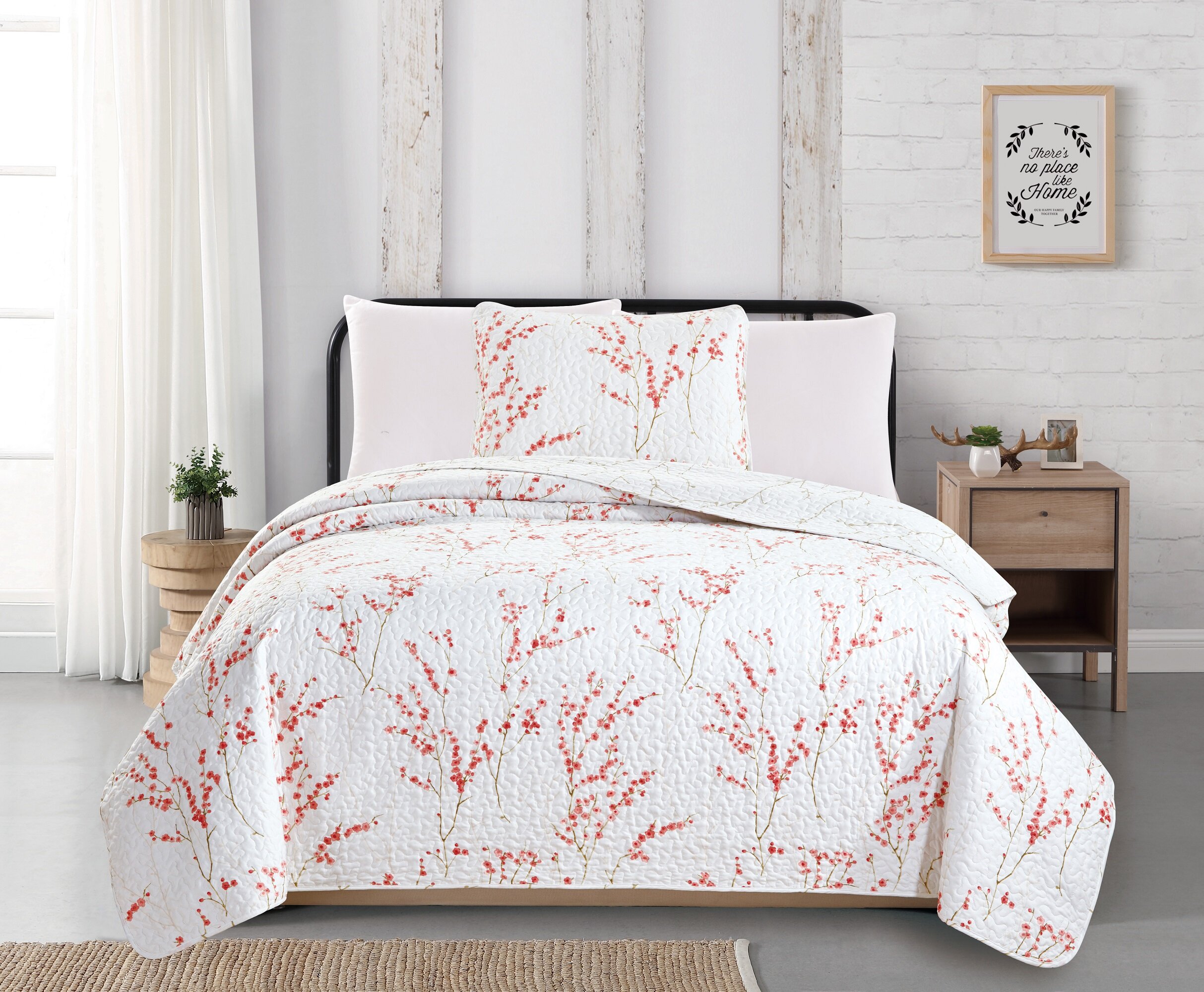 Comforter 3 Piece Reversible Down Alt Coverlet Bedspread Quilt Set Blossom Gift 