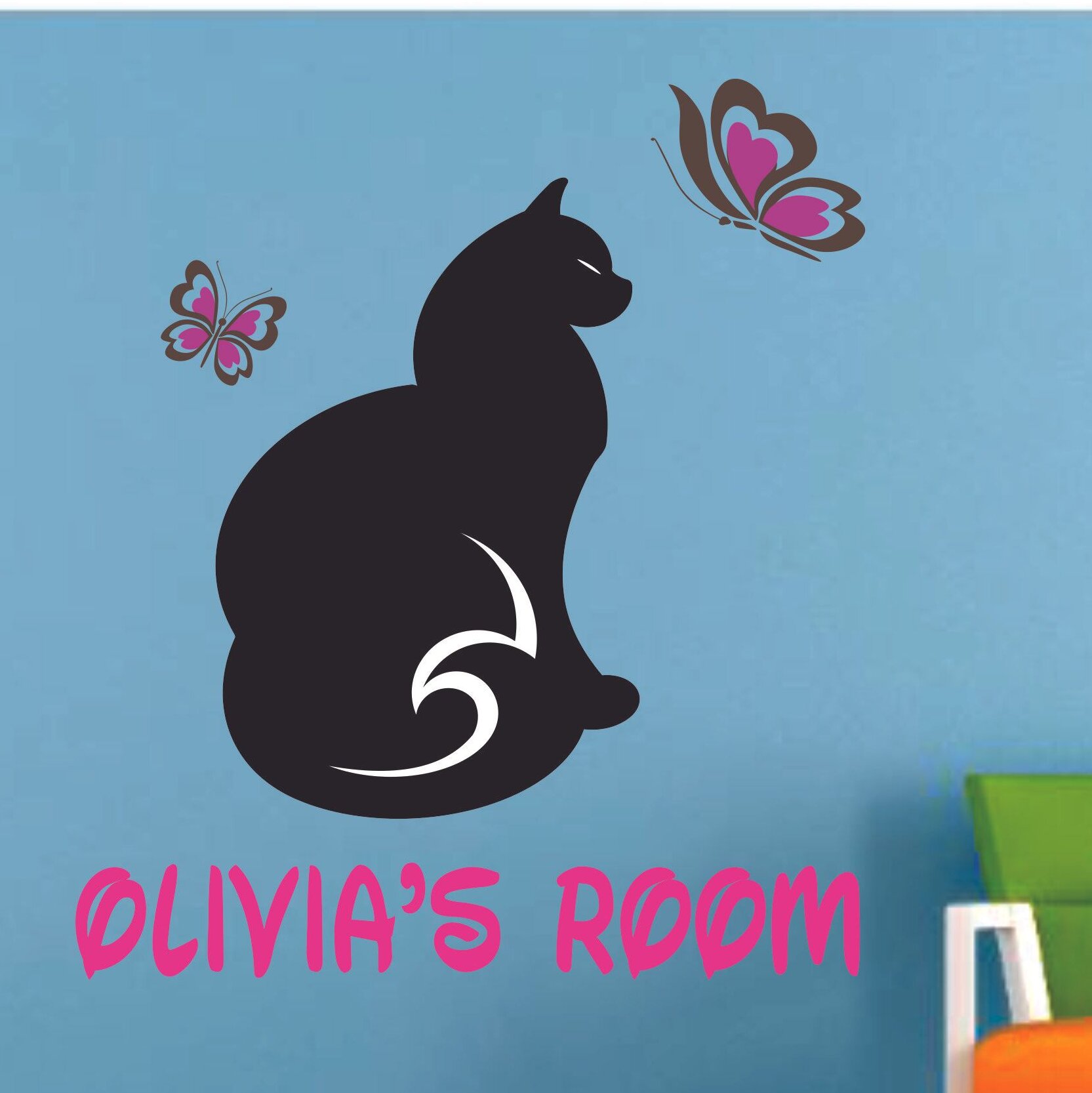Design With Vinyl Cat Cats Butterfly Animals Cartoon Customized Wall Decal  - Custom Personalized Name - Baby Girls Boys Kids Room Decor Wall Stickers  (30X27 Inch) | Wayfair