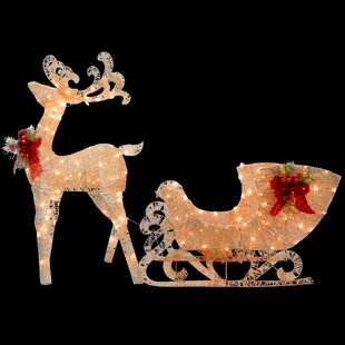Stag Xmas Decoration MDF Wooden Christmas Santa's Sleigh With Reindeer's 