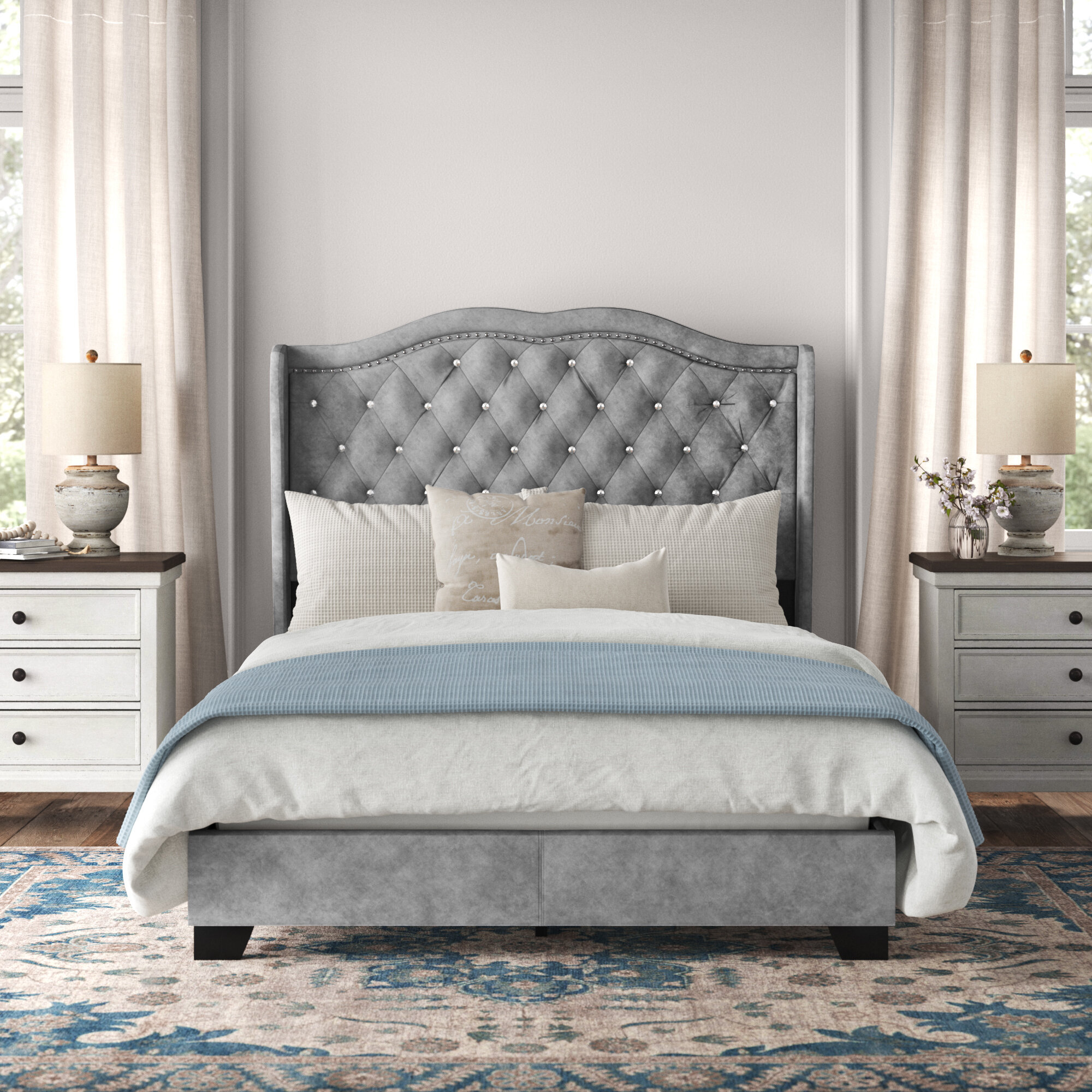 Tufted Headboard King Size Upholstered Bedroom Furniture Modern Gray Fabric New 