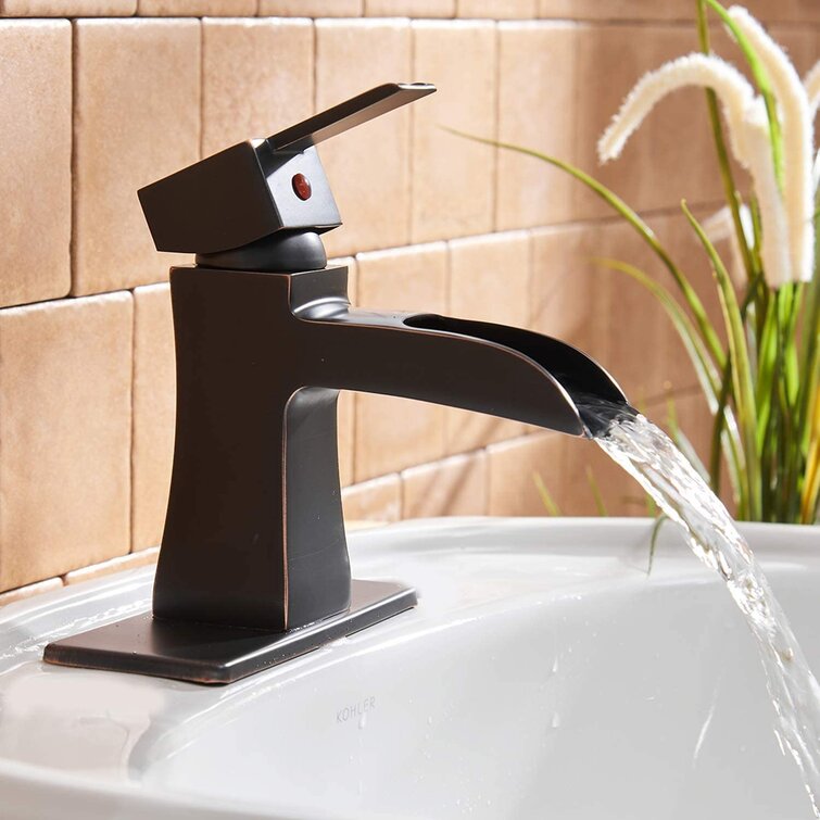 Black Bathroom Faucet Waterfall Bath Faucets for Sink with Pop Up Drain Stopper Farmhouse Vanity Single Handle 1 Hole Basin Deck Mount Commercial Matte Black with Supply Hose Lead-Free by Bathfinesse 