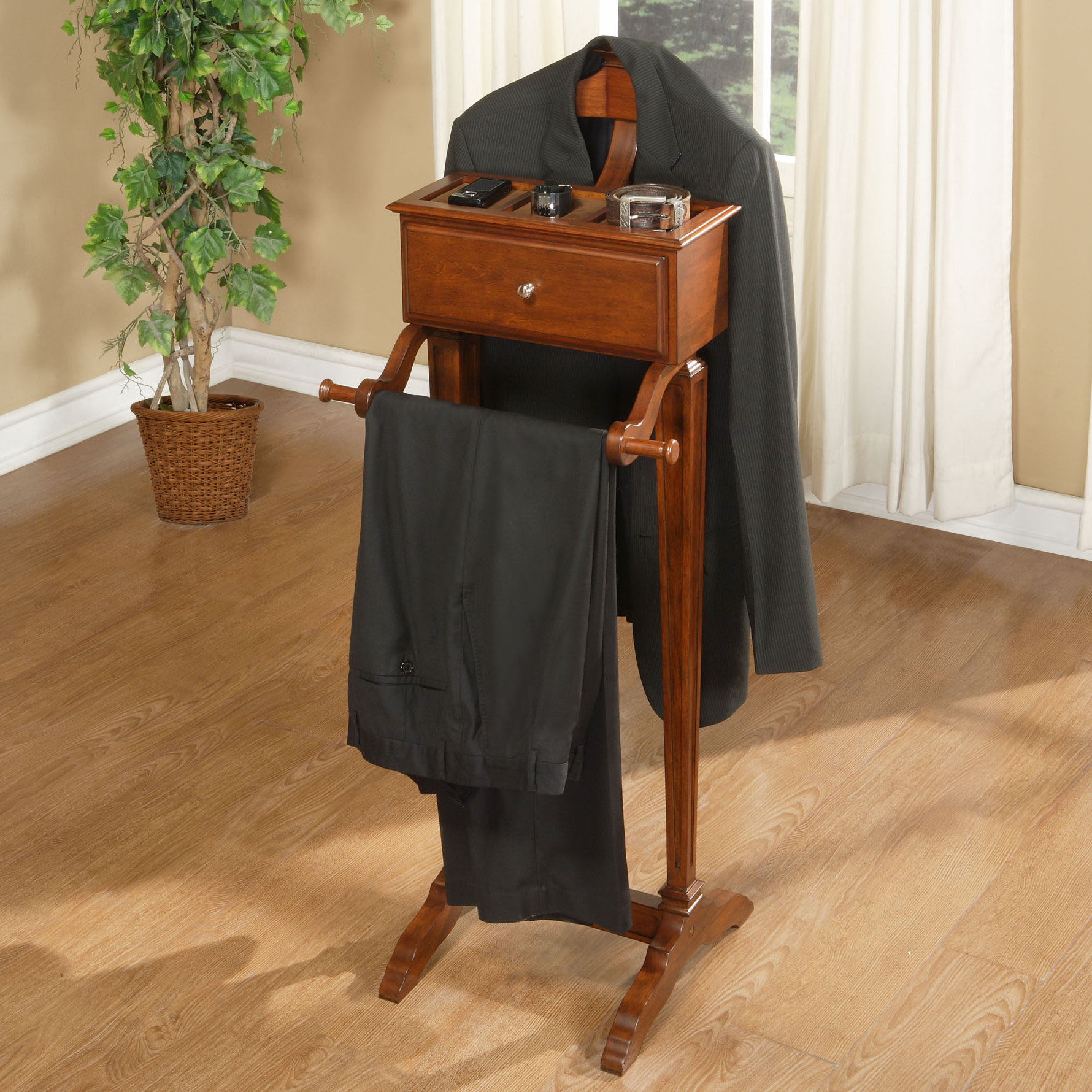 Alcott Hill® Gonson Freestanding Valet Stand with Storage in Cherry