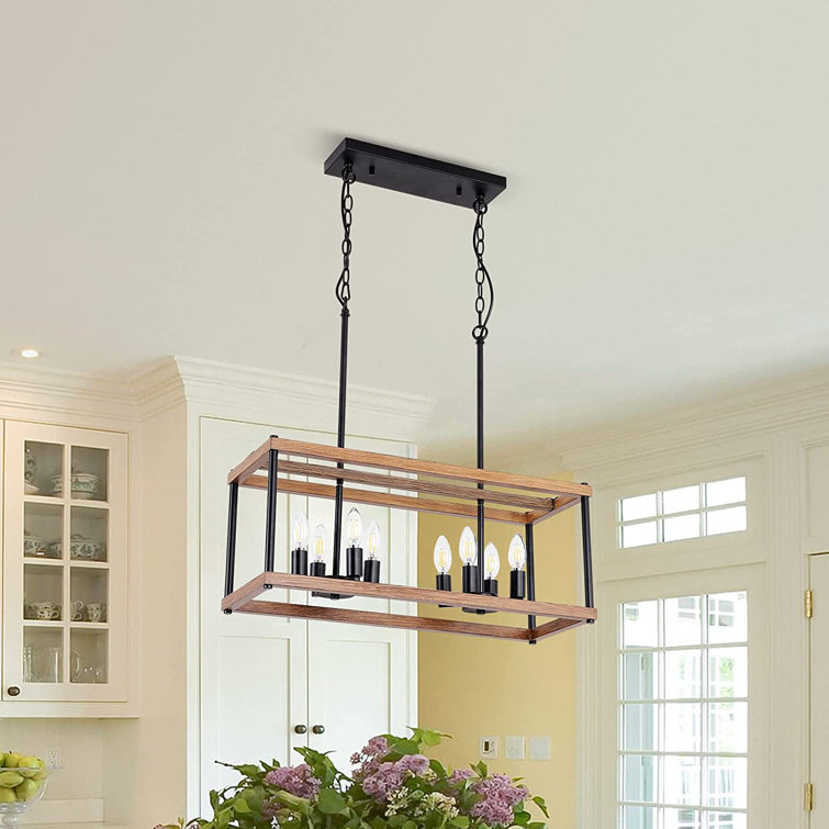 Farmhouse Chandeliers For Dining Rooms, 8-Lights Kitchen Island Pendant Lighting, Modern Light Fixture For Living Room Restaurant, Wood And Matte ...