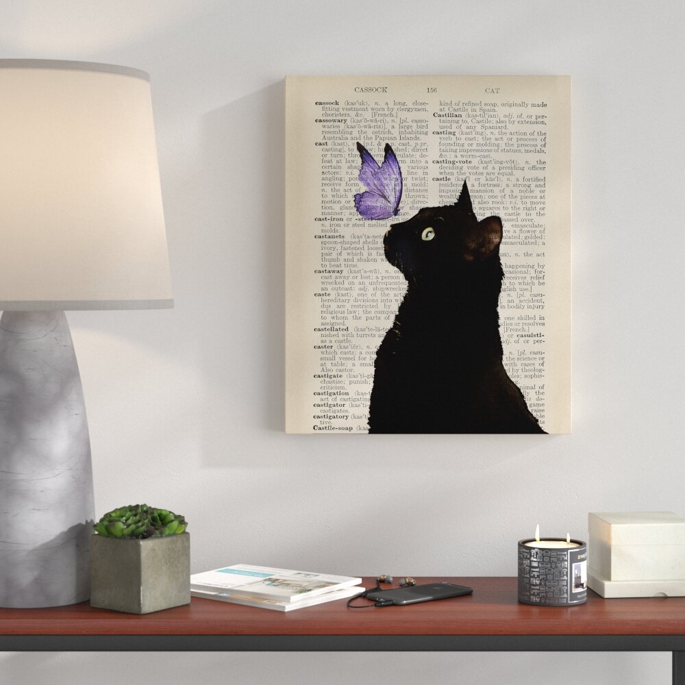 Black Cat Purple Butterfly Vintage - Picture Frame Graphic Art on Canvas