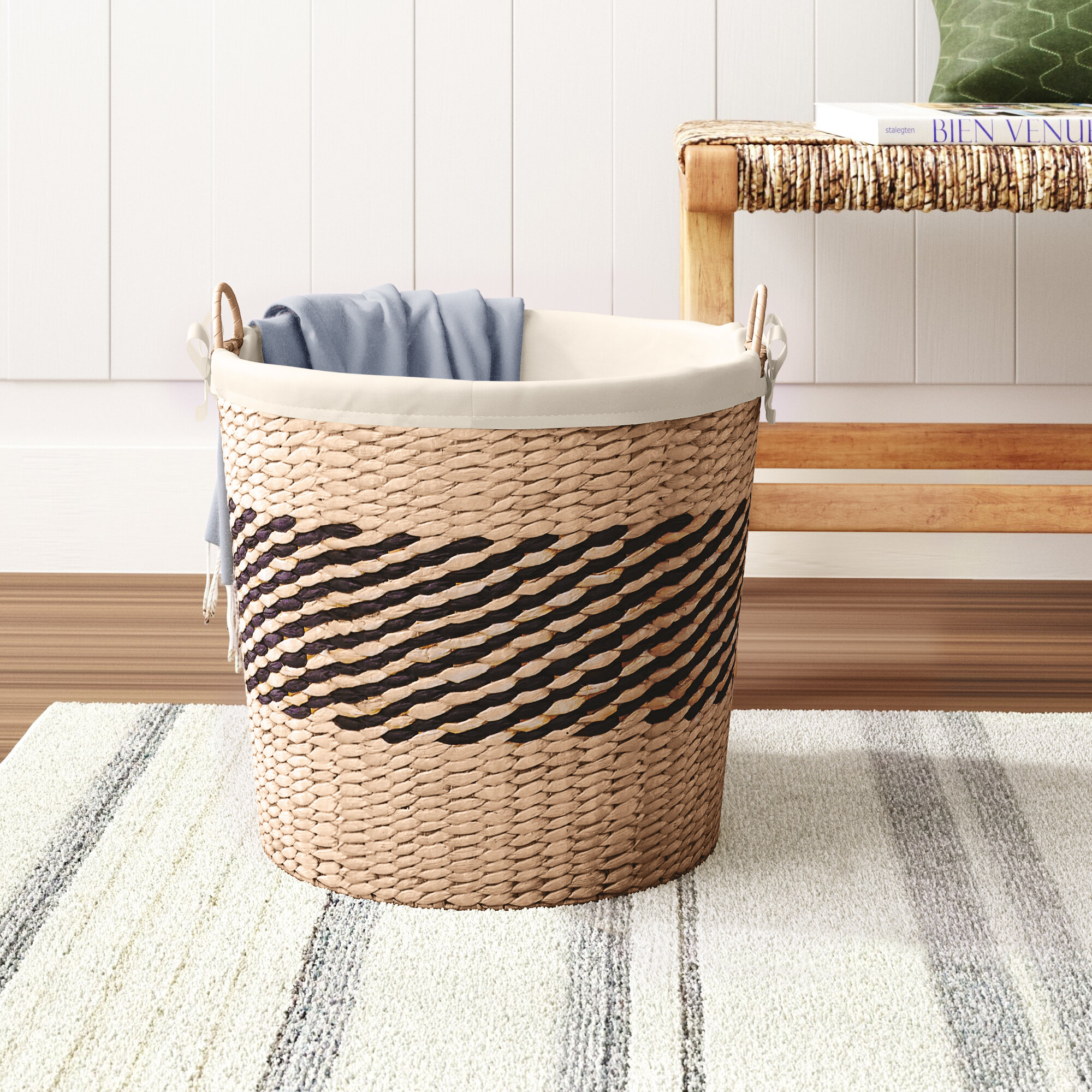 Set of 3 Blue and Brown Striped Lined Nesting Baskets Bathroom Trio Organizers 