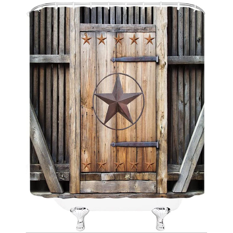 Rustic Wood Boards Barn Door Texas Star Cowboy Fabric Shower Curtain Set 