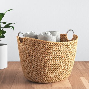 Round Storage Basket Tidy Fabric Woven Black White Pom Poms Toiletries Plant Pot 