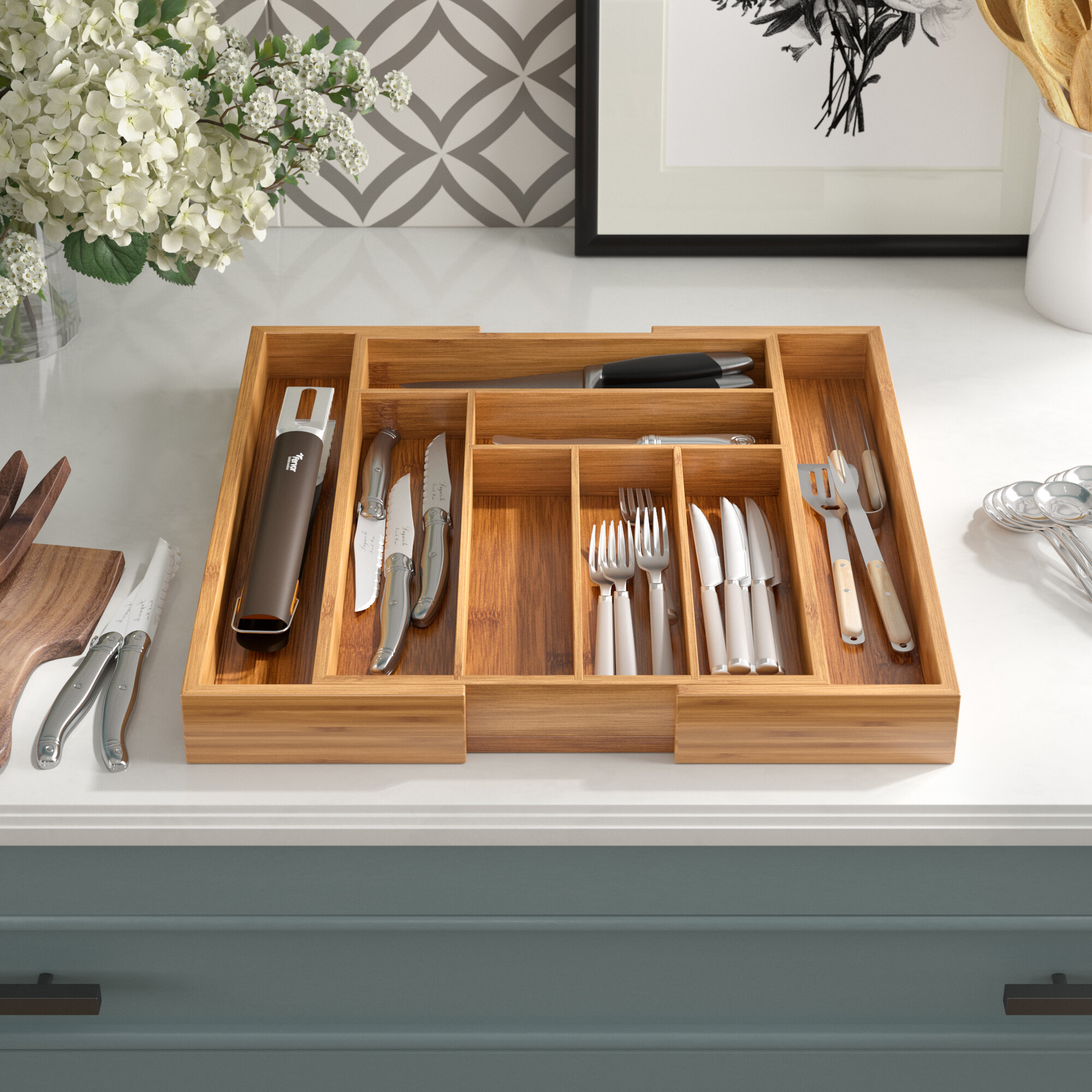 Beech Wood Wooden Lined Cutlery Drawer Tray Organizer Kitchen Utensil Holder 