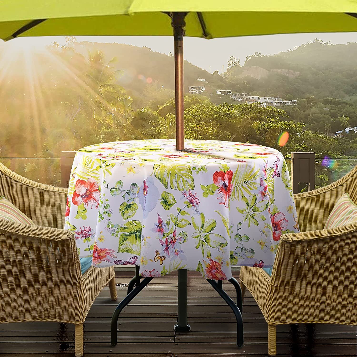 Seats 4 People Round 60, Flower iisutas Outdoor Patio Tablecloth with Umbrella Hole and Zipper Water and Stain Resistant Fabric Table Cloth for Umbrella Table