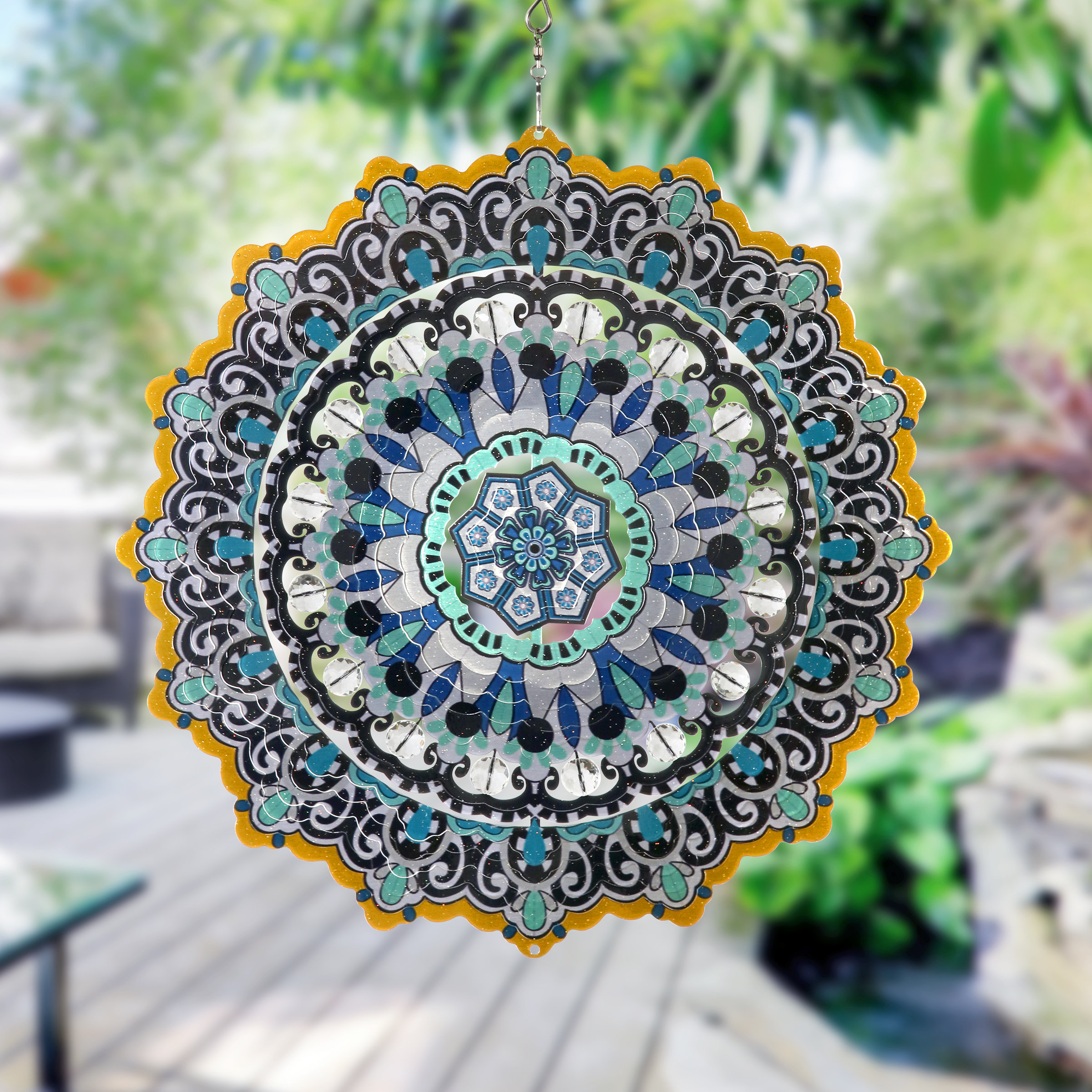 Exhart Laser Cut Mandala Hanging Wind Spinner with Bead Details, 12