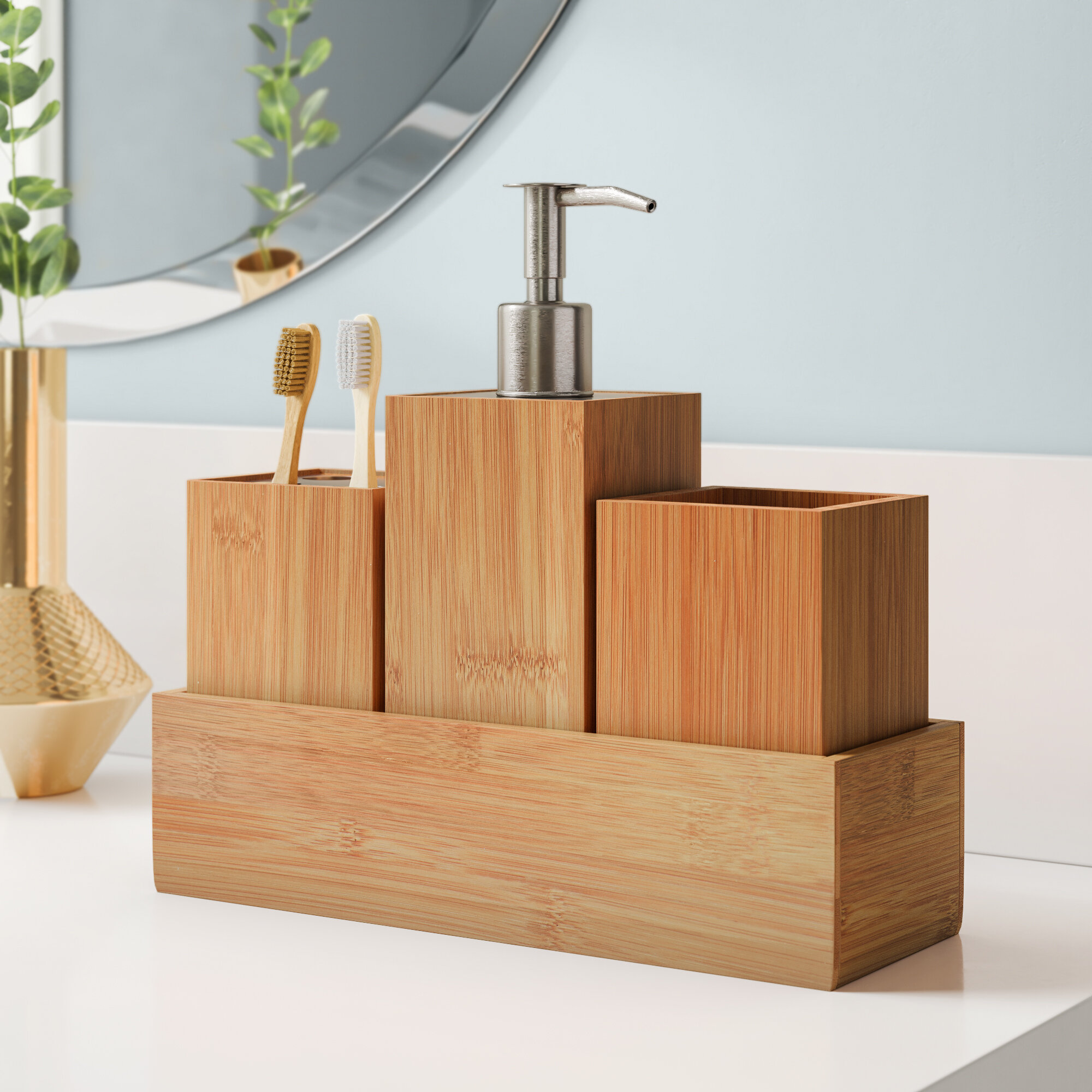 Bathroom Essentials Accessory Set 5-Piece Eco-Friendly Bamboo Bath Vanity Luxury 