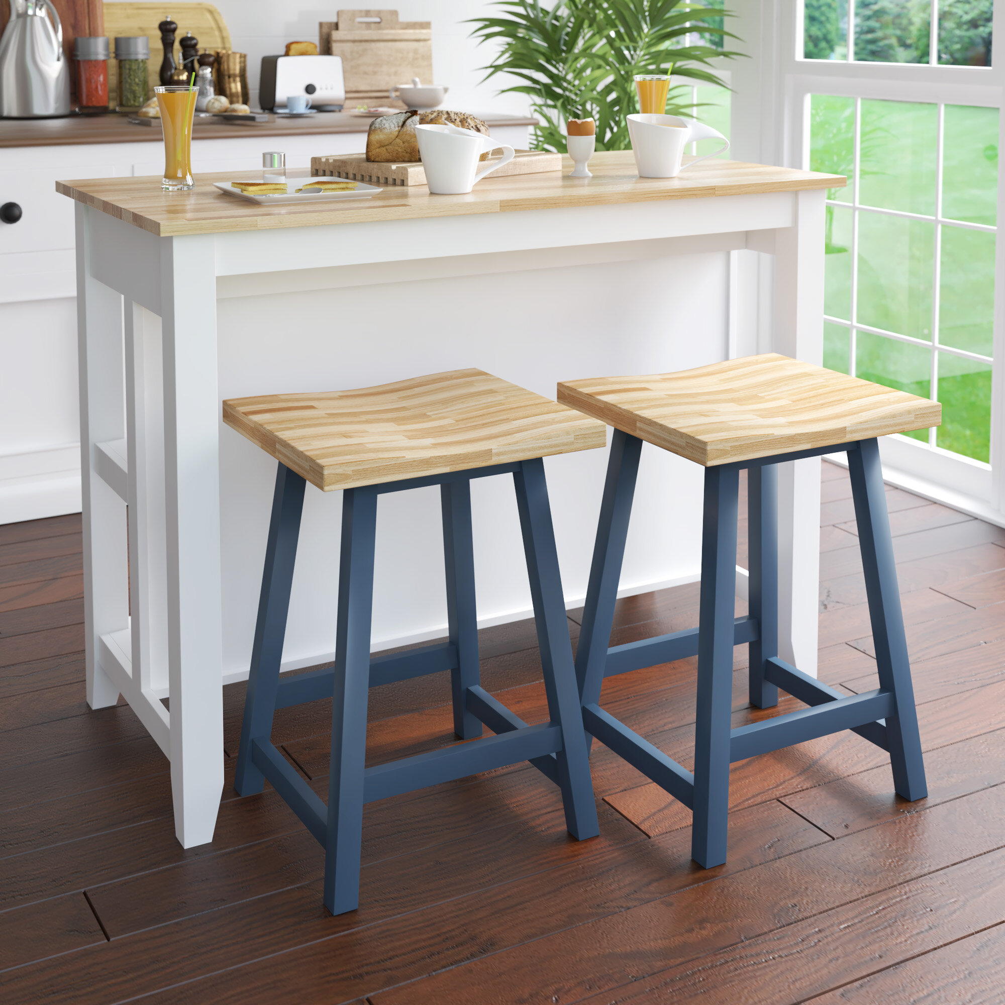 kitchen island with two bar stools