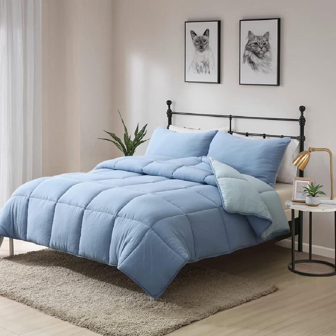 Navy Light Blue 3pcs Super Soft Reversible Down Alternative Comforter Set King 