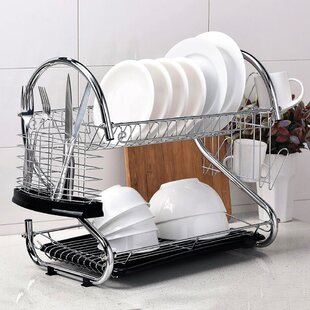 2 TIER DISH DRAINER CUTLERY HOLDER WITH DIP TRAY PLASTIC KITCHEN WASHING UP RACK 