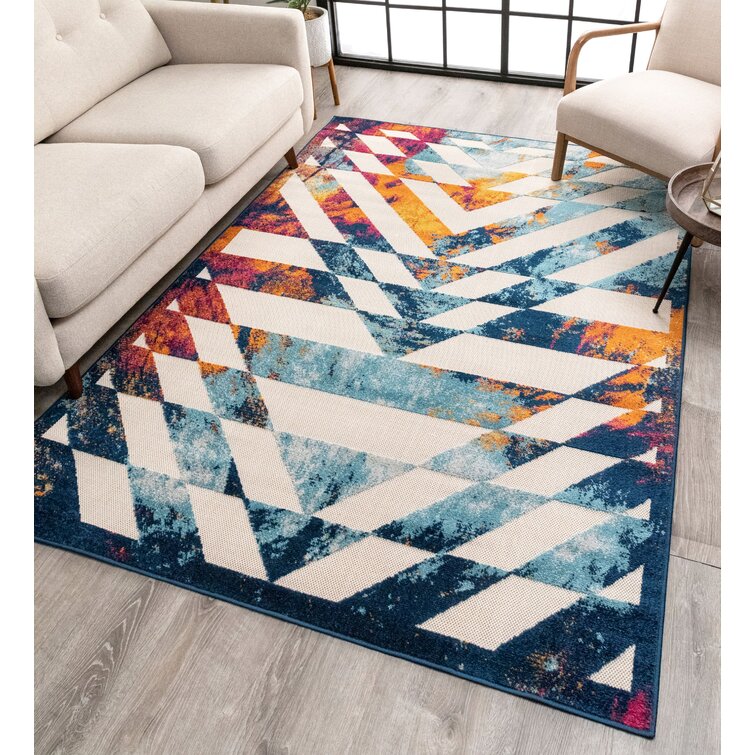 Paloma Blue Yellow Ochre Geometric Handcarved Durable Rug in various sizes 