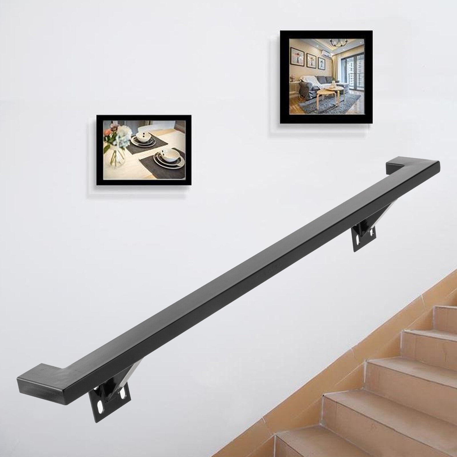 Happybuy Stair Handrail Five Step Stair Rail 5ft Length Modern Handrails for Stairs Black Wrought Iron Indoor Handrail for Stairs 200lbs Capacity Wall Mounted Stairway Railing with Brackets