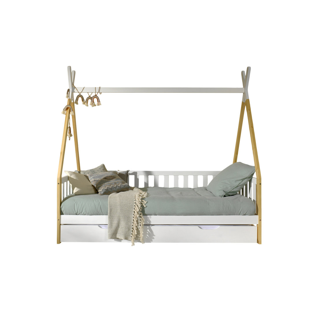 Vipack Etagenbett mit Umrandung, Dachgestänge, Rolllattenrost Und Bettschublade (Natur), Liegefläche 90 X 200 Cm, Ausführung Kiefer massiv Natur und Weiß Lac